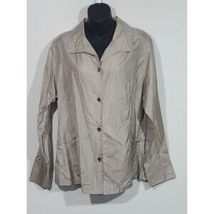 Anu Women's Large Silk V-Neck Button Down Long Sleeve Brownish Shirt Business
